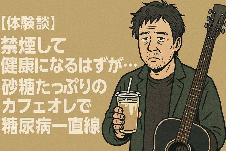禁煙後に糖尿病になった体験談。砂糖たっぷりのカフェオレが原因だった男性のイラスト