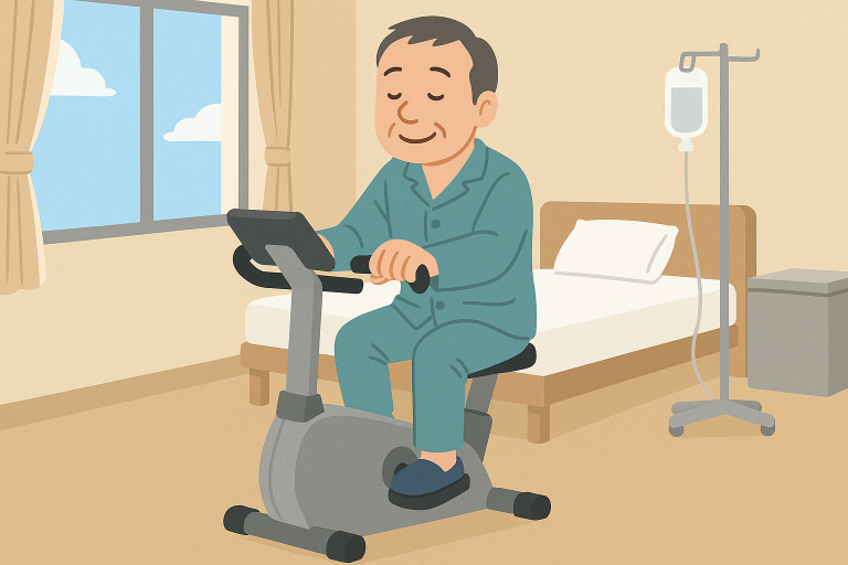 エアロバイクを使って運動療法に取り組む中年男性のイラスト