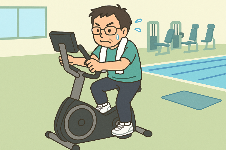 スポーツクラブのマシンで運動に励む中年男性のアニメ風イラスト