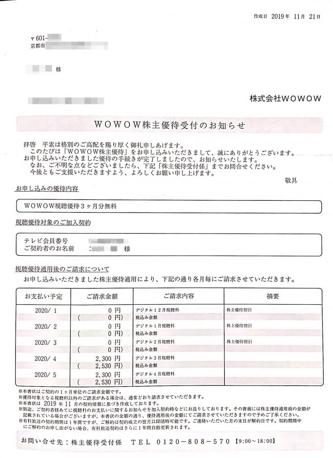 WOWOW　優待受付