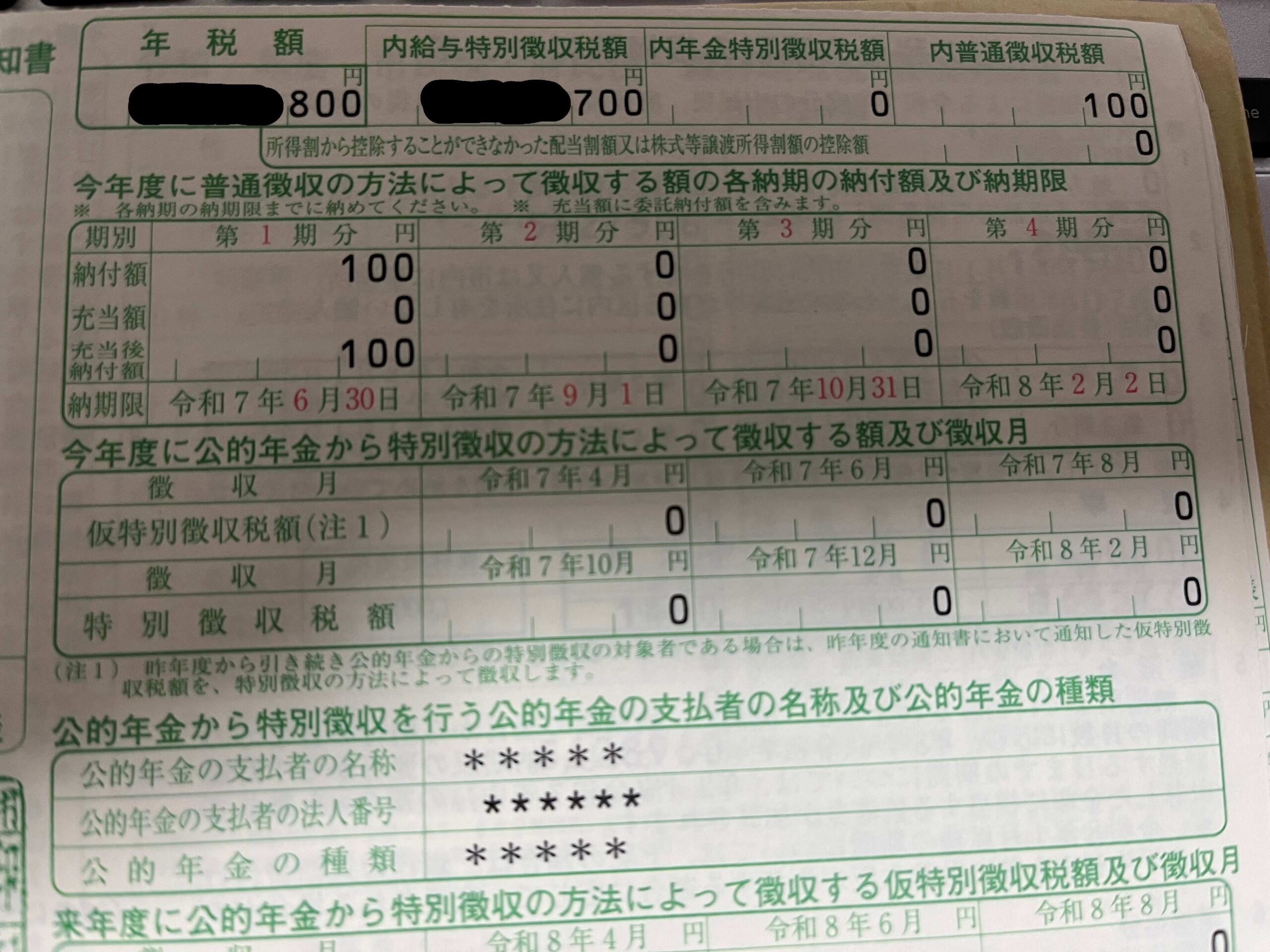 100円の住民税納付書