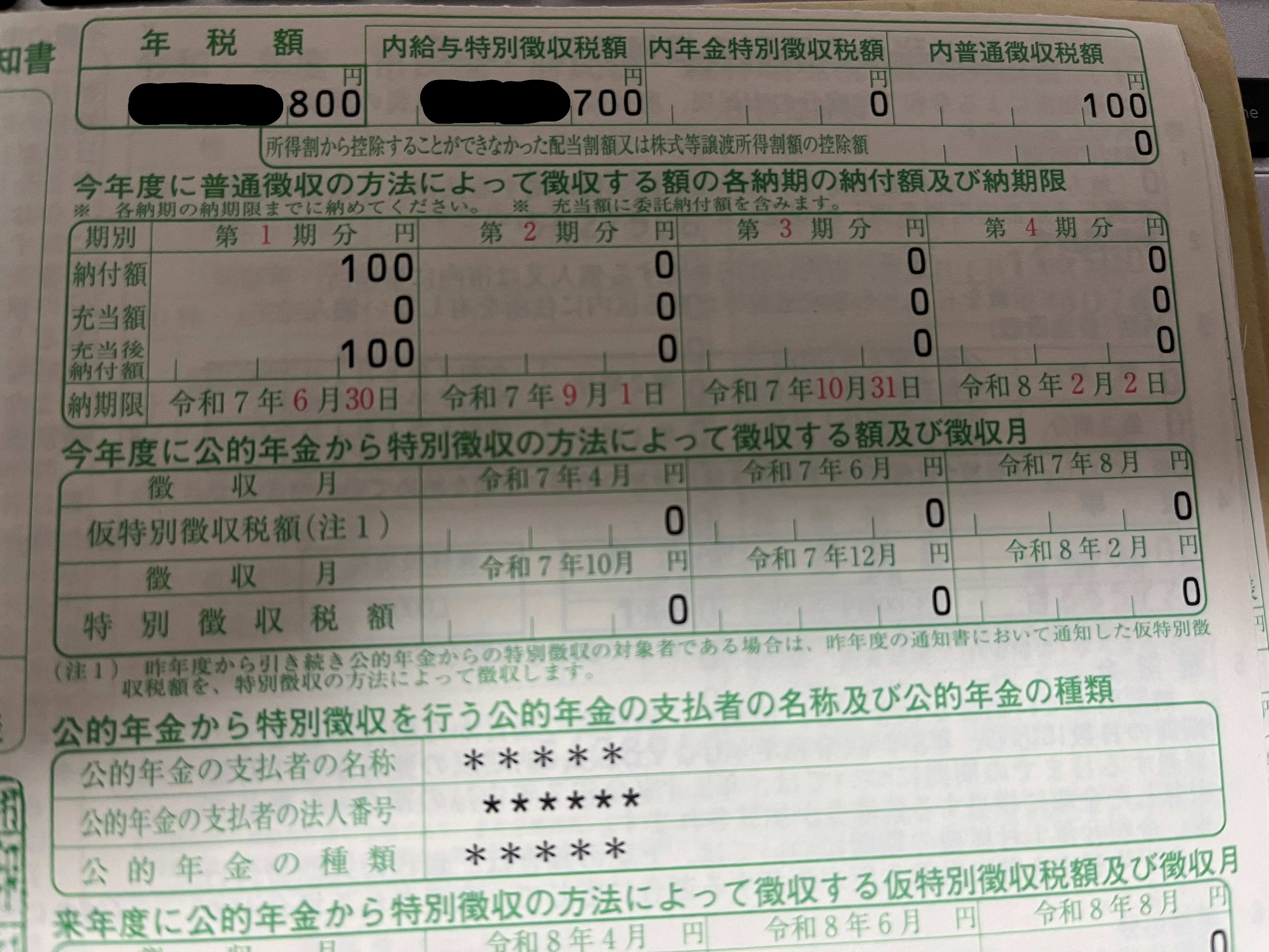 住民税100円納付書の一部